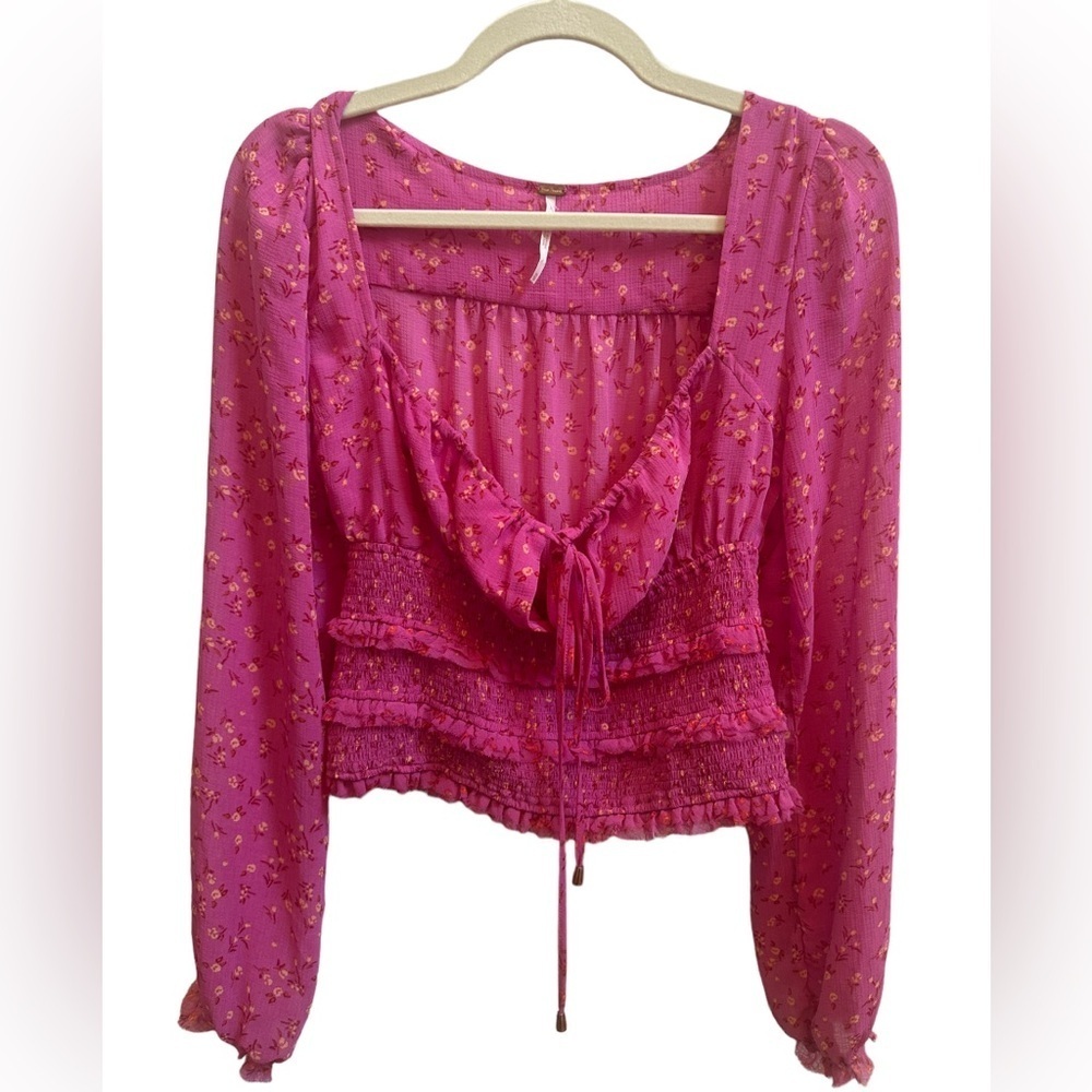 Free People Lolita‎ Smocked Floral Peasant Top Pink Sz XS - Picture 4 of 9